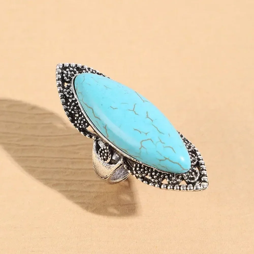 Western Southwestern Aged Silver & Turquoise Boho Statement Ring NEW - Picture 2 of 6